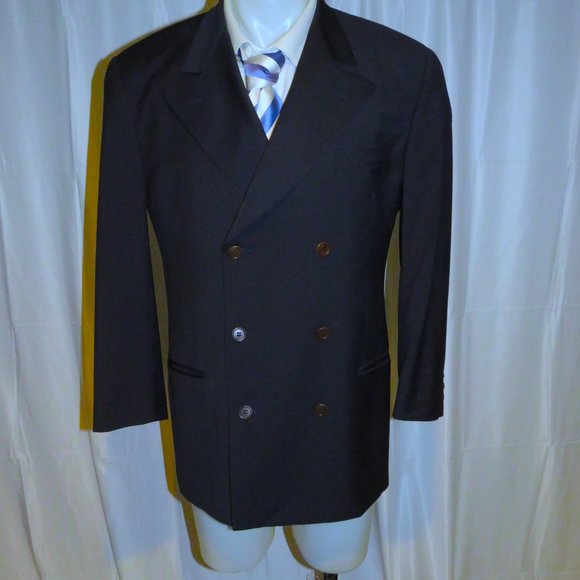 Romeo Gigli Vintage Solid Blue Peak Lapel Double Breasted Suit Jacket 40R - Picture 2 of 11